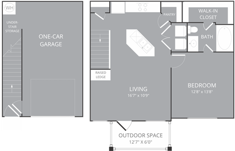 Floor plan for 1 bed, 1 bath, 750 sqft